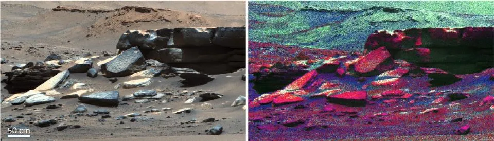 Two Perspectives of Séítah Rocks, Mars: enhanced colour (left) and mineral map (right) PERSEVERANCE MARS ROVER, 15 DECEMBER 2021 IMAGE CREDIT: NASA/JPL-Caltech/ASU/MSSS