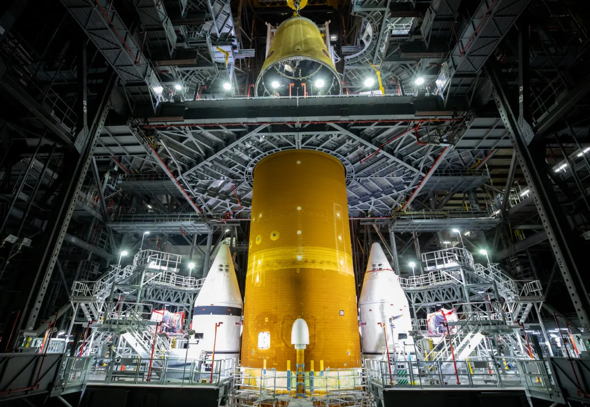 The SLS core stage at Kennedy Space Center on 22 June 2021 ahead of the Artemis I mission, the first integrated flight test of SLS and NASA’s Orion spacecraft. Credit: NASA