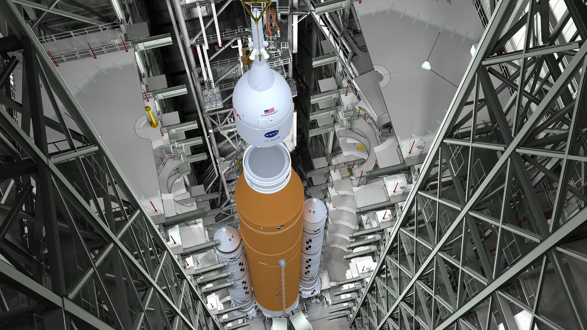 Artist's impress of NASA's Space Launch System stacked in the Vehicle Assembly. Credit: NASA