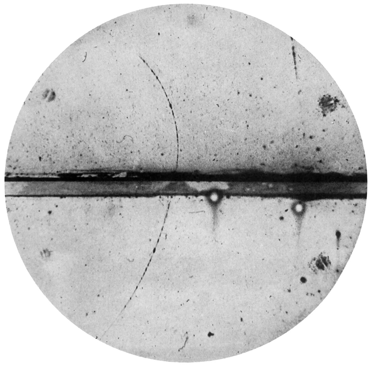  An image of the first positron ever observed. Credit: Carl D. Anderson (1905–1991) - Anderson, Carl D. (1933). "The Positive Electron". Physical Review 43 (6): 491–494. DOI:10.1103/PhysRev.43.491.