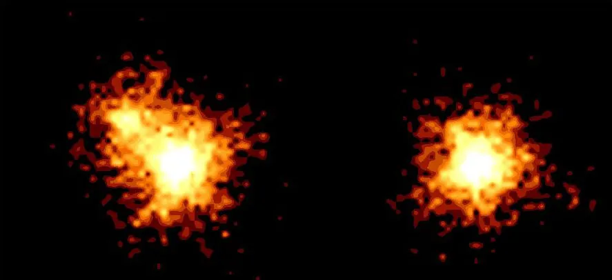 Two images of Alpha Centauri A B, taken in March 2003 (left) and February 2005 (right), captured by the XMM-Newton telescope. Credit: ESA/Jan Robrade