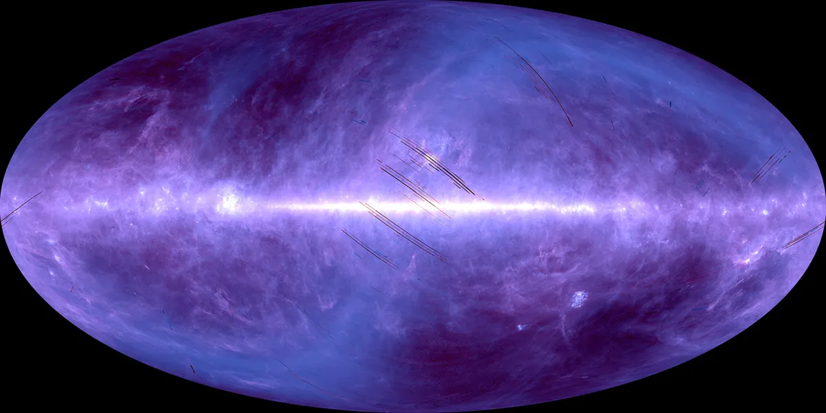 The most famous part of our cosmic address? An all-sky view in infrared captured by the AKARI space telescope. The Milky Way is the bright band stretching across the image. Credit: JAXA