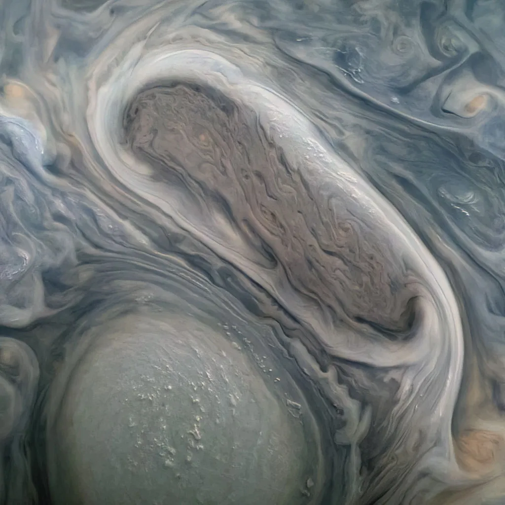 Swirling storms on Jupiter JUNO, 29 NOVEMBER 2021 IMAGE CREDIT: Image data: NASA/JPL-Caltech/SwRI/MSSSImage processing: Kevin M. Gill CC BY