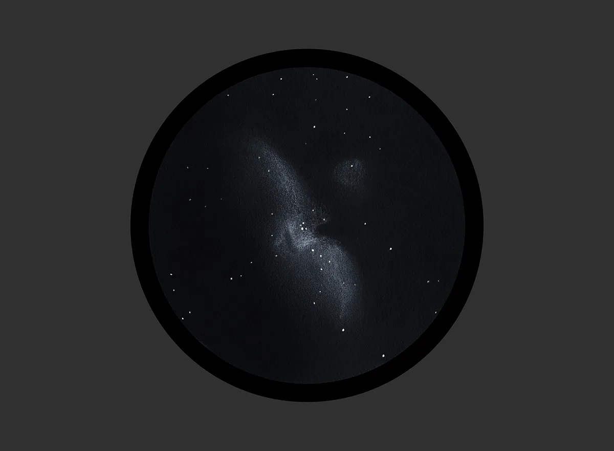 A simulation showing how the Orion Nebula appears through the eyepiece of a small telescope. Credit: Will Gater