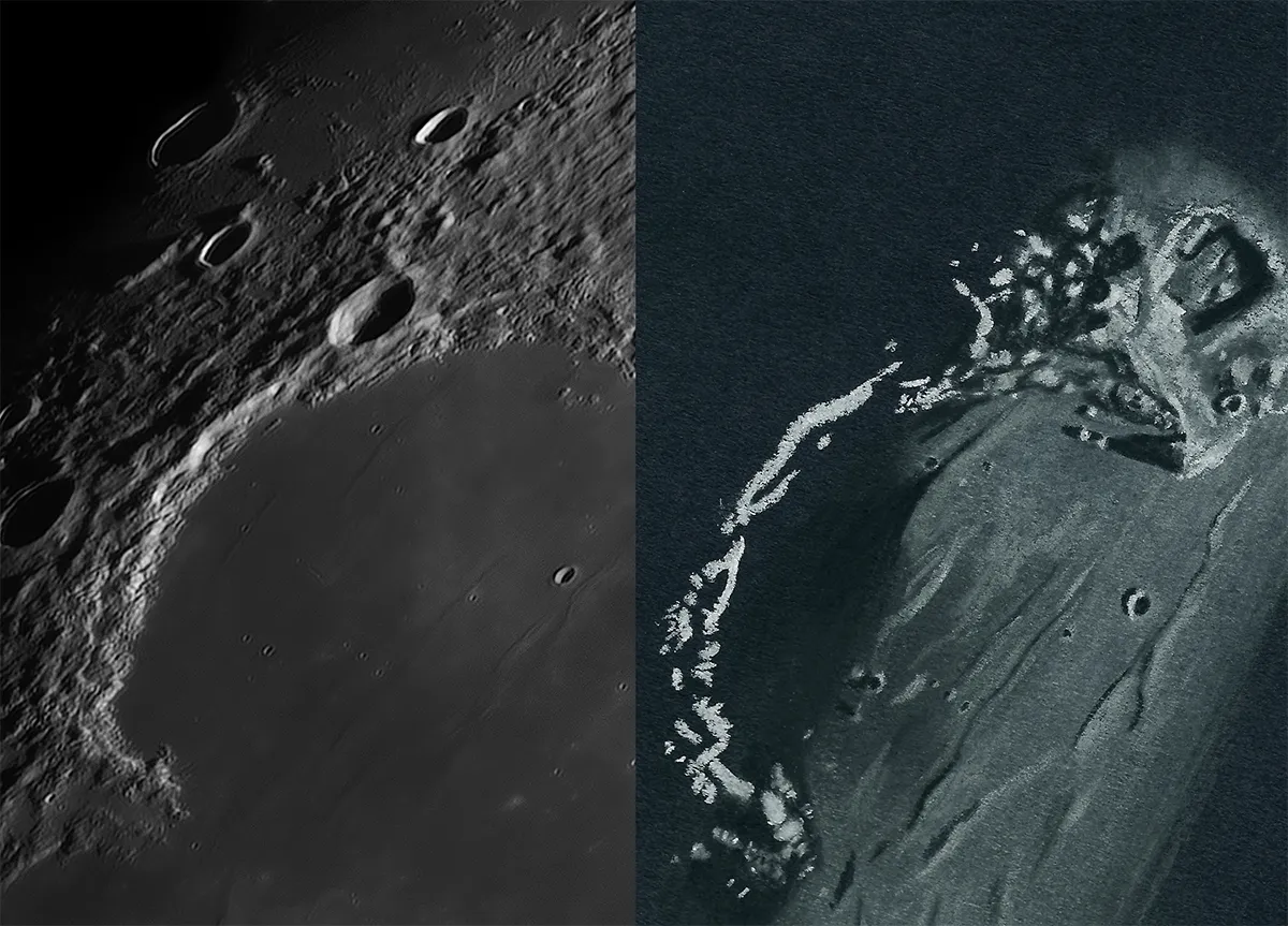 An image of Sinus Iridum, the ‘Bay or Rainbows’ (left), vs a sketch (right) of what you would see through the eyepiece. Credit: Will Gater