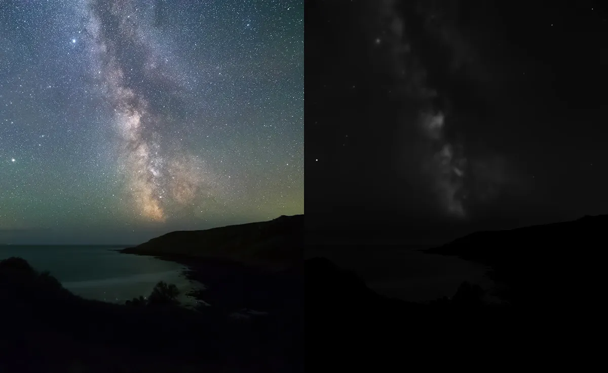 An astrophoto of the Milky Way (left) compared to a typical naked eye view from a dark sky site (right). Credit: Will Gater