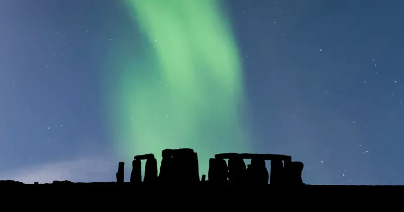 Aurora borealise over Stonehenge, the prehistoric site in Wiltshire, UK. Credit: 	Westend61 / Getty Images