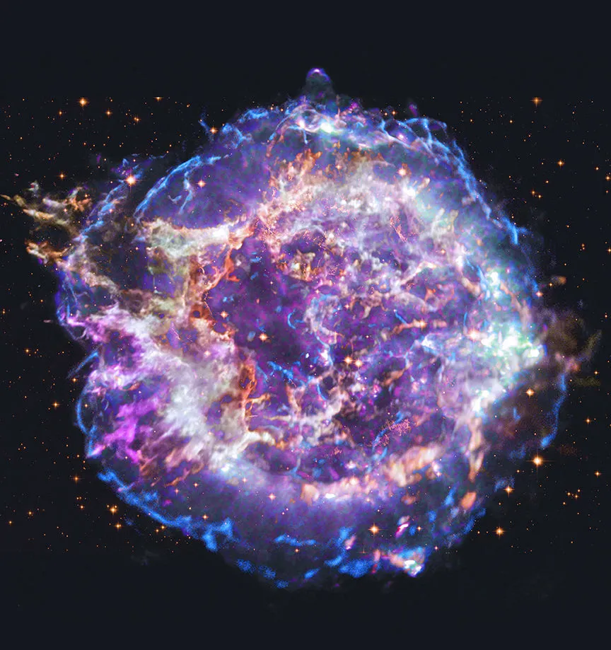 Multiwavelength composite image (x-ray, radio and optical) of supernova remnant Cassiopeia A. Credit: X-ray: NASA/CXC/SAO; Optical: NASA/STScI; Radio: NSF/NRAO/VLA