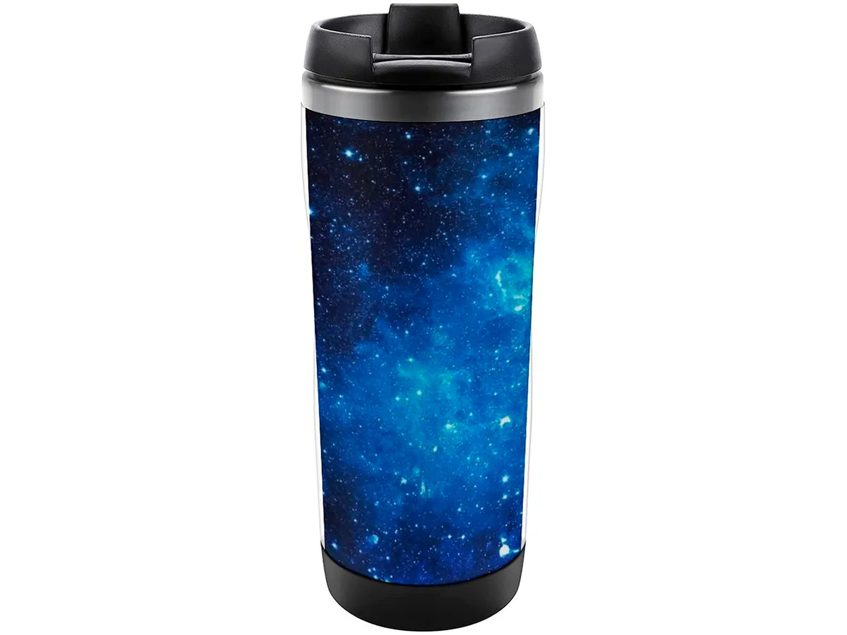 Blue and Black galaxy travel mug WIDE
