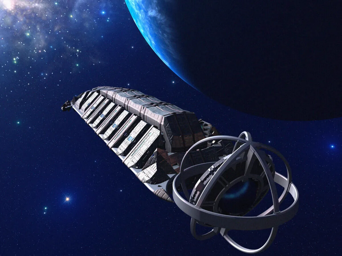 Spaceship orbiting alien planet, illustration