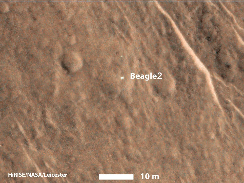 The Beagle 2 lander on the surface of Mars, imaged by NASA's Mars Reconnaissance Orbiter. Credit: HIRISE/NASA/Leicester
