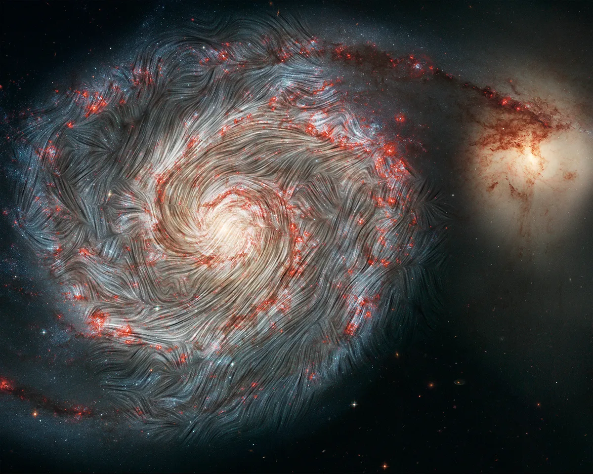 Magnetic field lines of the Whirlpool Galaxy mapped by SOFIA, shown over a Hubble Space Telescope image of the galaxy. Credit: NASA, the SOFIA science team, A. Borlaff; NASA, ESA, S. Beckwith (STScI) and the Hubble Heritage Team (STScI/AURA)