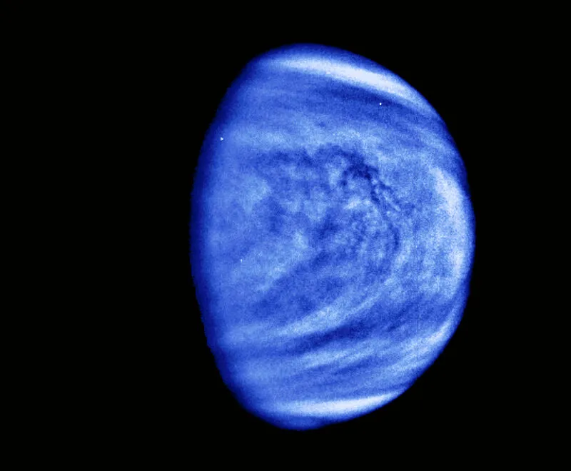 A view of Venus captured by the Galileo spacecraft showing cloud features. The image has been colourised to blue to emphasise contrasts in the cloud markings. Credit: NASA/JPL-Caltech