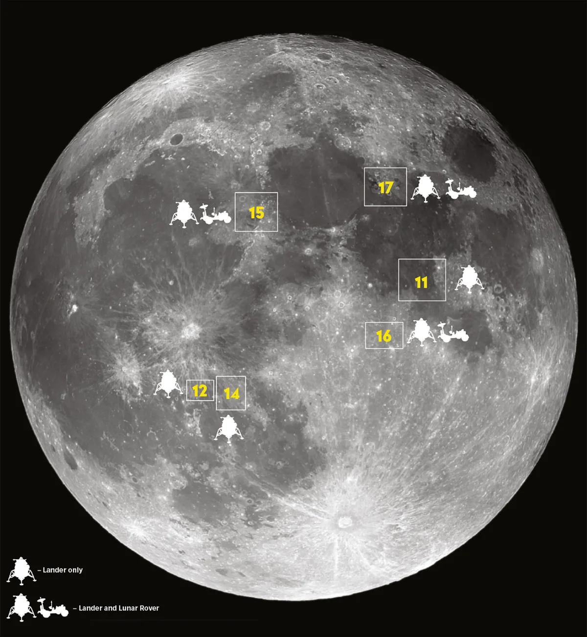 Map showing the Apollo landing sites on the Moon