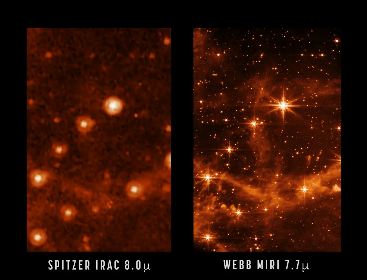 A view of the Large Magellanic Cloud captured (left) by Spitzer and (right) by James Webb Space Telescope. Credit: NASA/JPL-Caltech (left), NASA/ESA/CSA/STScI (right)