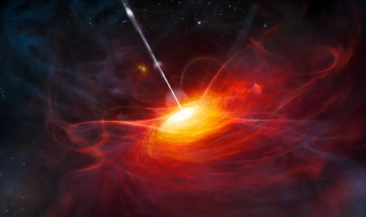 Artist’s impression shows how ULAS J1120 0641, a quasar powered by a black hole with a mass 2 billion times that of the Sun, may have looked. Credit: ESO/M. Kornmesser