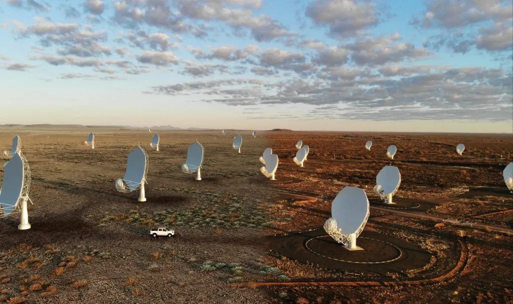An artist’s impression showing what the Square Kilometre Array will look like when completed in South Africa and Australia. Credit: SKA Observatory