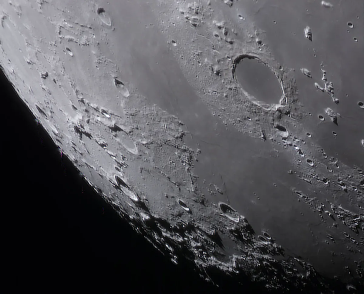 Plato crater Alfonso Merino, Madrid, Spain, 17 April 2022 Equipment: ZWO ASI120MC-S camera, Sky-Watcher Skymax 127 Maksutov-Cassegrain, Sky-Watcher NEQ6 Pro mount