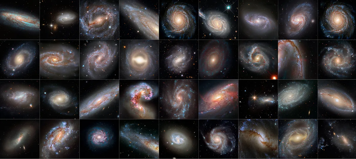 Diese 36 von Hubble abgebildeten Galaxien beherbergen Cepheid-Variablen und Supernovae, die zur Messung der Expansion des Universums verwendet werden.