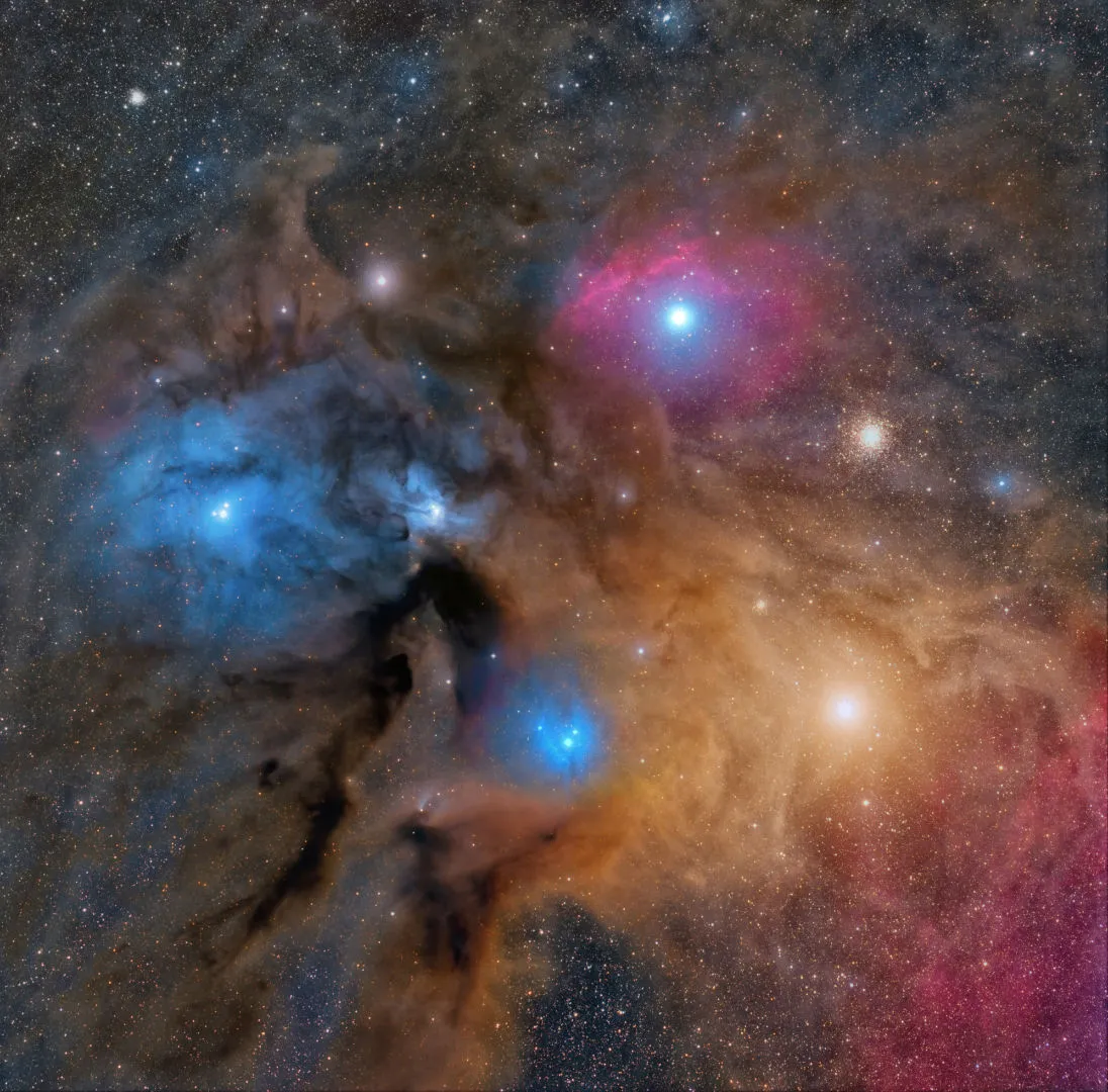 Rho Ophiuchi Basudeb Chakrabarti, remotely via Heaven's Mirror Observatory, Australia, 7 May–31 August 2021 Equipment: FLI PL16803 camera, Takahashi FSQ-106ED refractor, Paramount MX  mount