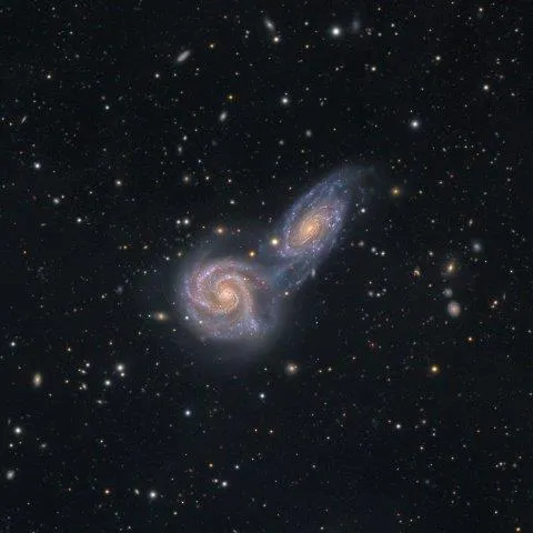 Arp 271: Cosmic Collision by Mark Hanson, Mike Selby, El Sauce Observatory, Río Hurtado, Coquimbo Region, Chile. Category: Galaxies. Equipment: CDK 1000 telescope, FLI 16803 camera,6000 mm f/6, 32 hours total exposure. RGB values captured using RiDK 700 FL 4900 telescope.