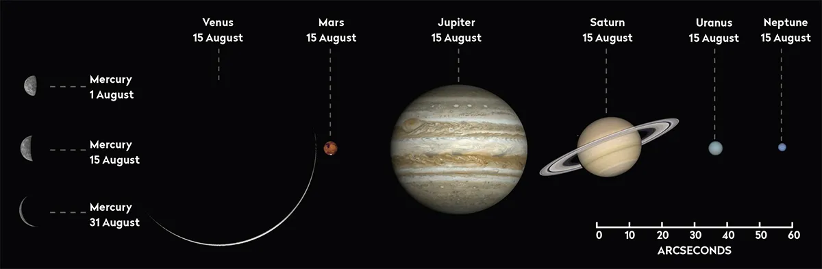 The phase and relative sizes of the planets in August 2023. Each planet is shown with south at the top, to show its orientation through a telescope.