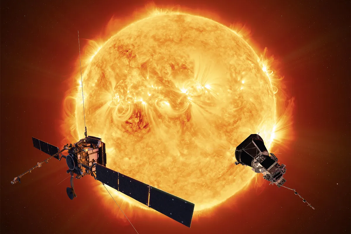 Artist's impression of solar orbiter and parker solar probe studying the sun