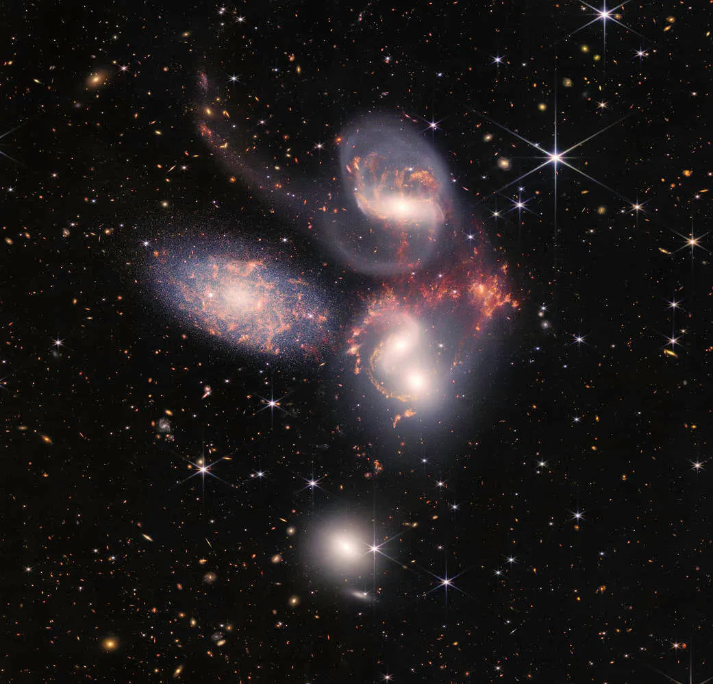 This is a group of galaxies known as Stephan's Quintet, one of the first images to be released by the James Webb Space Telescope.