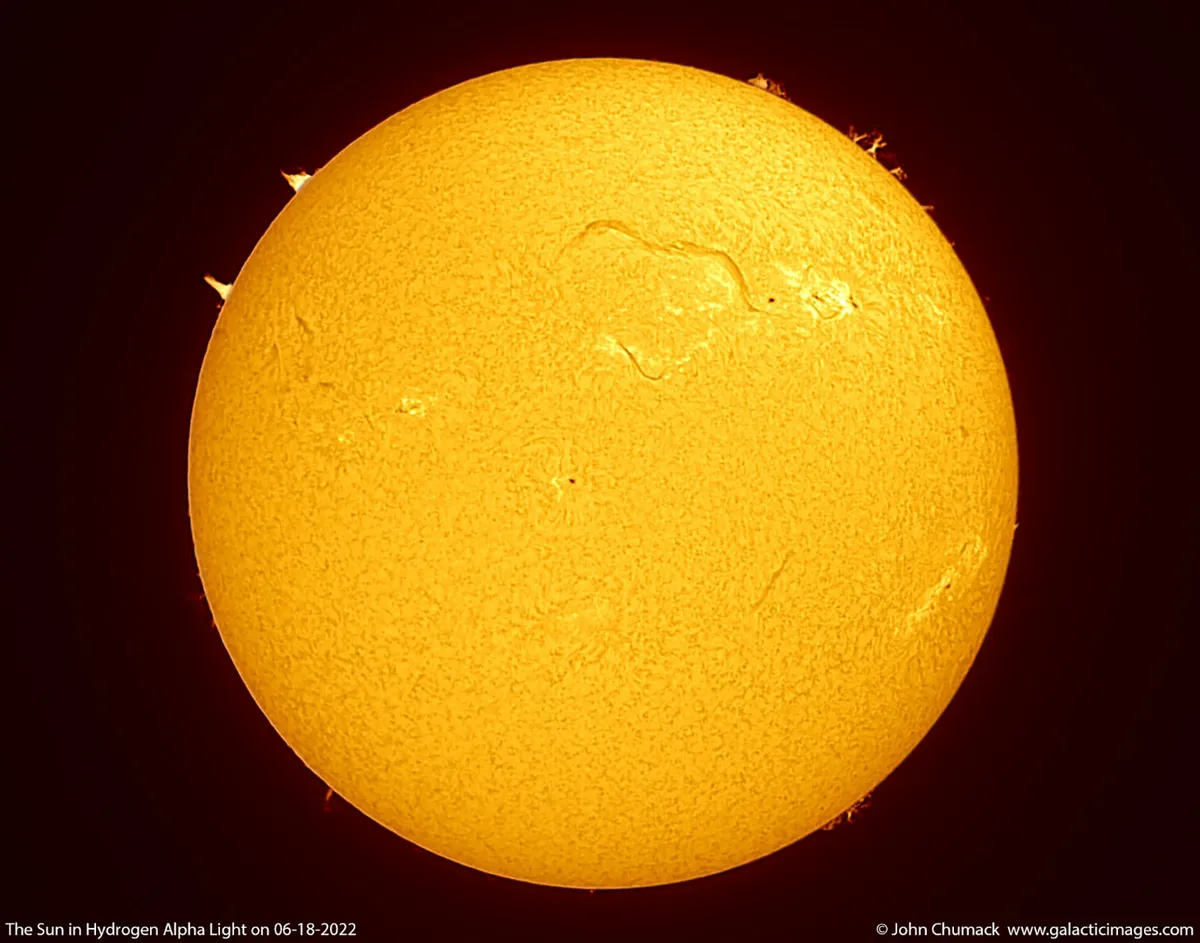 The Sun in Hydrogen Alpha, by John Chumack, Dayton, Ohio, USA, 18 June 2022. Equipment: QHY5IIL CMOS Camera, Lunt 60mm/50 HA filtered solar telescope, Bisque MyT Mount,