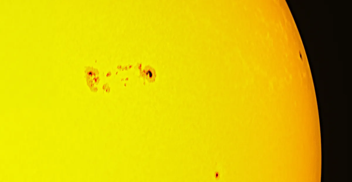Giant sunspot, by John Brown, Leicester, 22 June 2022. Equipment: ZWO ASI290MC camera, Sky-Watcher Skymax 102T Maksutov-Cassegrain, Sky-Watcher AZ-GTi mount, Baader solar filter 