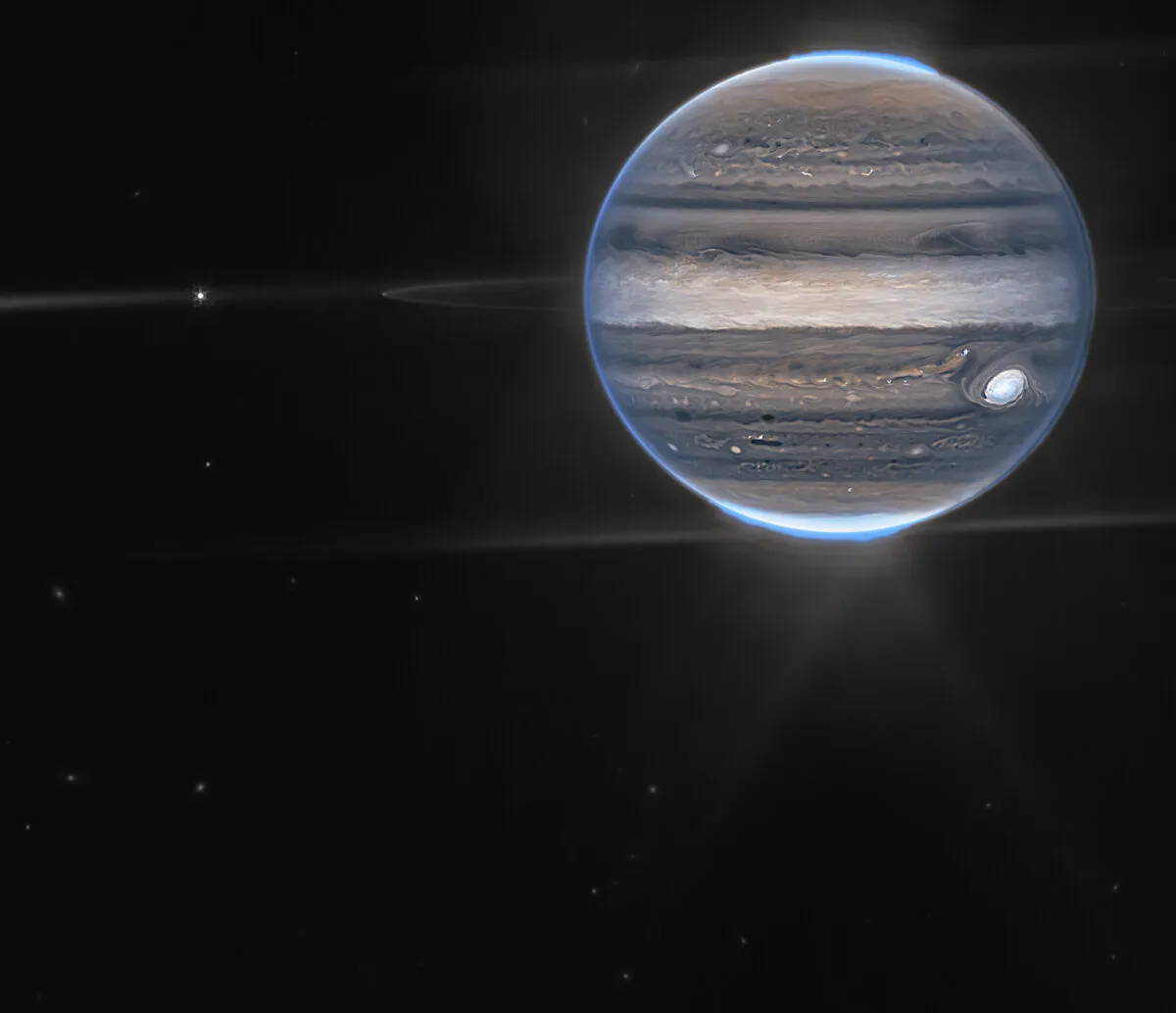 Jupiter, rings, aurora and moons, by JWST