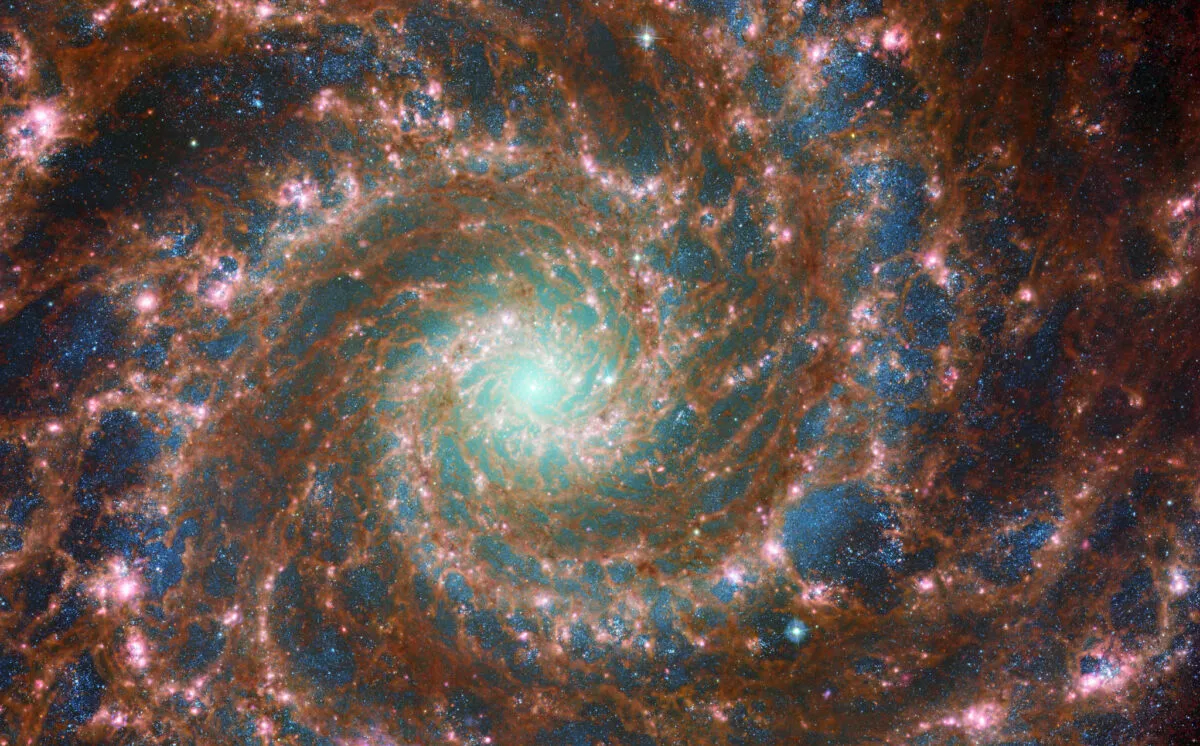 A Webb / Hubble combined view of the Phantom Galaxy, M74, in optical and infrared. Credit: ESA/Webb, NASA & CSA, J. Lee and the PHANGS-JWST Team; ESA/Hubble & NASA, R. Chandar / Acknowledgement: J. Schmidt