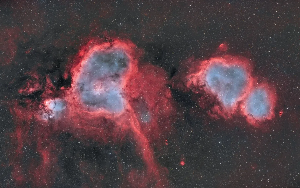 Heart and Soul nebulae Basudeb Chakrabarti, IC Astronomy Observatory, Spain (remote data), February 21, 2022 Equipment: FLI PL16083 camera, Takahashi FSQ-106EDX4 refractor, Paramount MX  mount