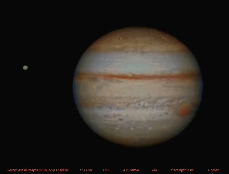 Jupiter and Io Harvey Scoot, Finchingfield, North Essex, 10 September 2022 Equipment: ZWO ASI 290MM camera, Celestron C14 telescope, Mesu Mount