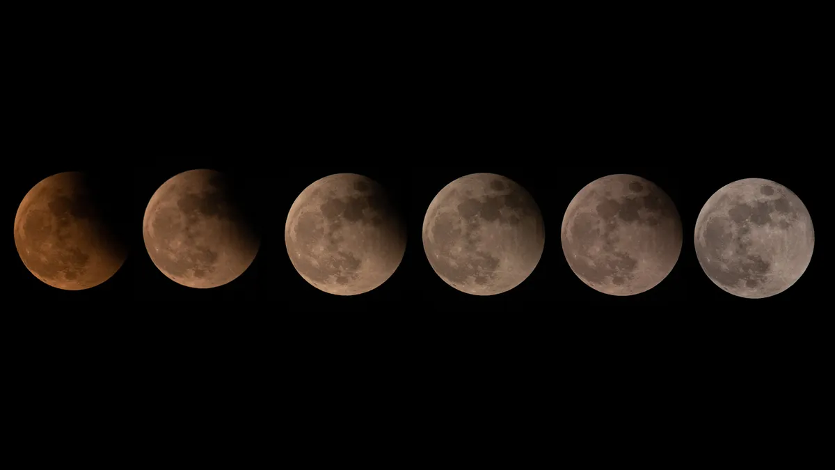 The 8 November 2022 lunar eclipse captured by Anupam Naskar from Kolkata, India. Equipment: Nikon D 7500 camera, Sigma 150-500 mm lens. 6 frames taken in shutter speed 1/50 to 1/125 sec & f 6.3 with ISO 160 to 1250