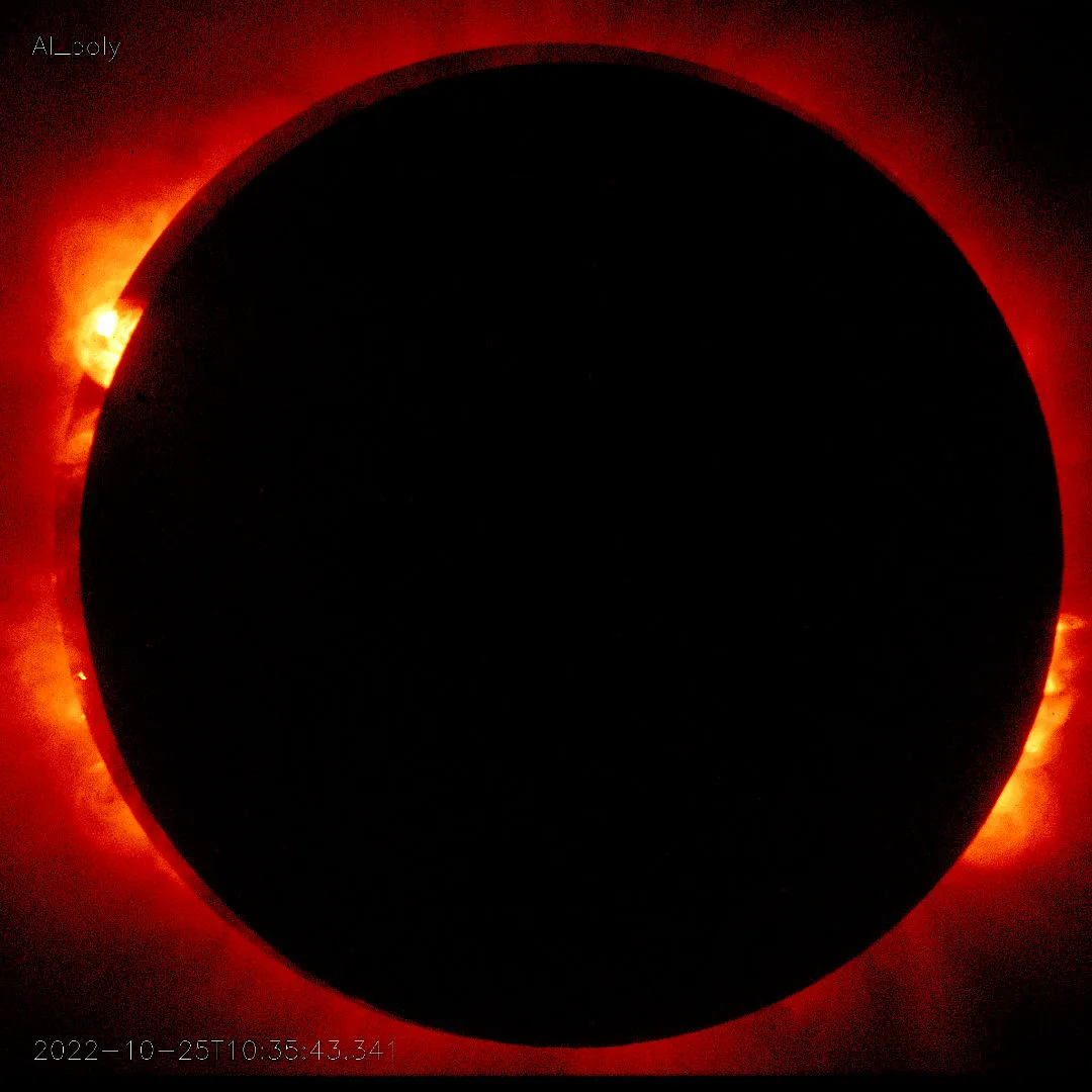An annular solar eclipse seen from orbit by the Hinode X-Ray Satellite, 25 October 2022. Credit: JAXA/NASA/Smithsonian Astrophysical Observatory