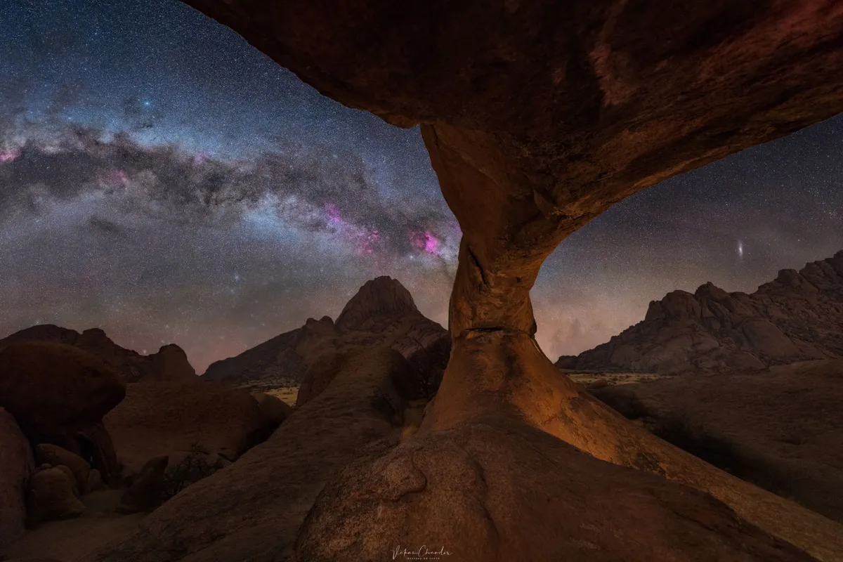 The Milky Way Vikas Chander, Spitzkoppe, Namibia, September 16 2022. Equipment: Nikon D850 camera with H-alpha mod, Nikon 14-24mm and Zeiss Otus 55mm lenses, tripod