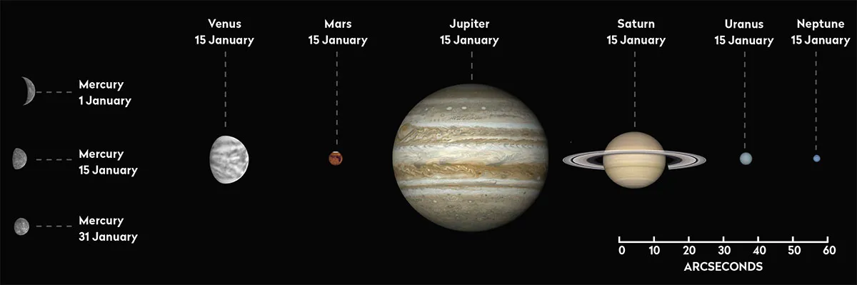 The phase and relative sizes of the planets in January 2024. Each planet is shown with south at the top, to show its orientation through a telescope. Credit: Pete Lawrence