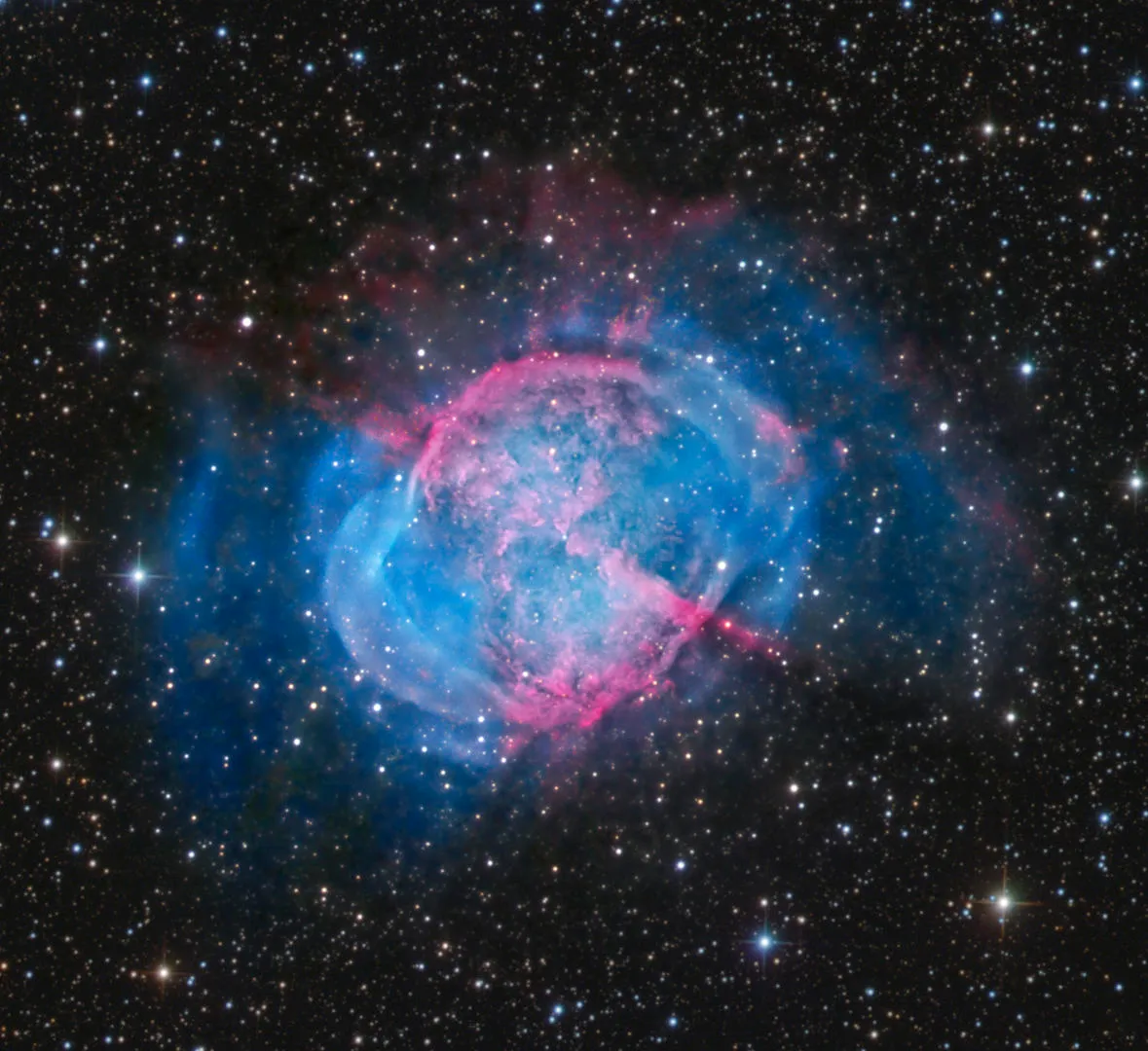 The Dumbbell Nebula, Francis Bozon, remotely via Alentejo Remote Observatory, Portugal, 4 August - 28 September 2022 Equipment: Moravian G3-16200 camera, Astrosib RC 400 Ritchey-Chretien telescope, ASA DDM85 direct-drive mount