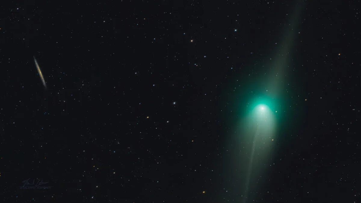 Comet C/2022 E3 (ZTF) with anti-tail passing by the Knife Edge Galaxy (NGC 5907), captured by Daniel Zoliro, Chouteau, Oklahoma, USA , 23 January 2023. Captured as a two panel mosaic, stitched and processed in Pixinsight. Equipment: Celestron c9.25 SCT, ASI533mc Pro, Starizona Hyperstar adapter, Skywatcher EQ6-R Pro 79x30s at 100 gain Total integration time: 39′ 30″ Focal length: 515mm Aperture: 235mm Focal ratio: f/2.3