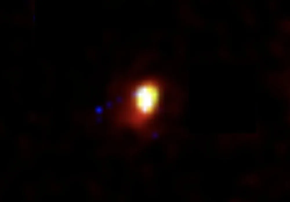 Galaxy CEERS-93316, as seen by the James Webb Space Telescope, is 35 billion lightyears away. Credit: Sophie Jewell/Clara Pollock