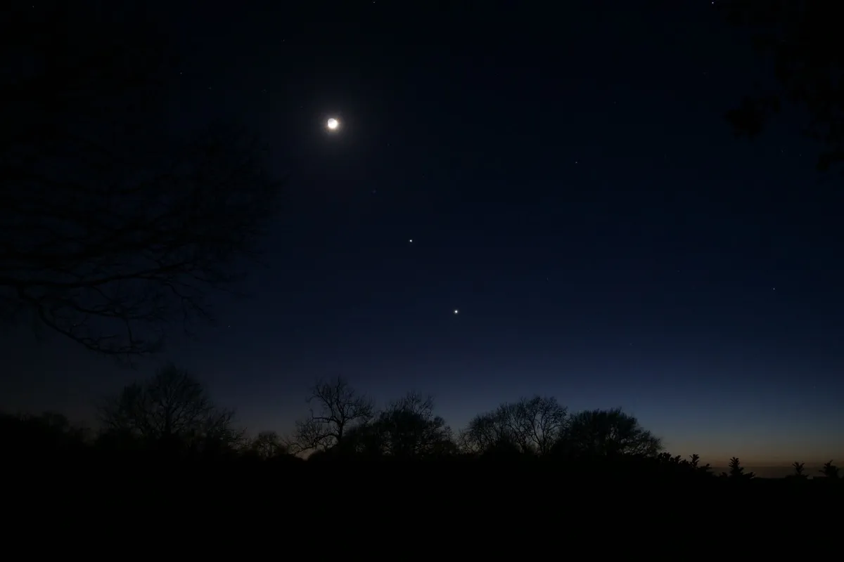 Nicholas Amor captured this view of the Moon, Jupiter and Venus on 23 February from Stanningfield, Suffolk, UK. Equipment: Equipment: Lumix G9 and Lumix G Vario 7-14 lens