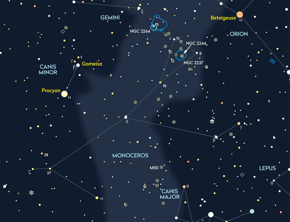Diagram showing the location of NGC 2237, the Rosette Nebula, in Monoceros. Find it between Betelgeuse and Procyon. Credit: BBC Sky at Night Magazine.