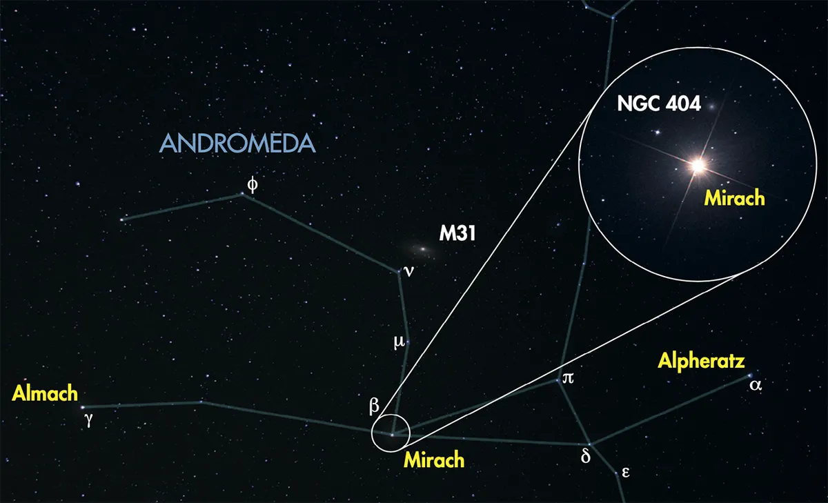 Mirach is a good star to find if you want to see the Andromeda Galaxy. Credit: Pete Lawrence