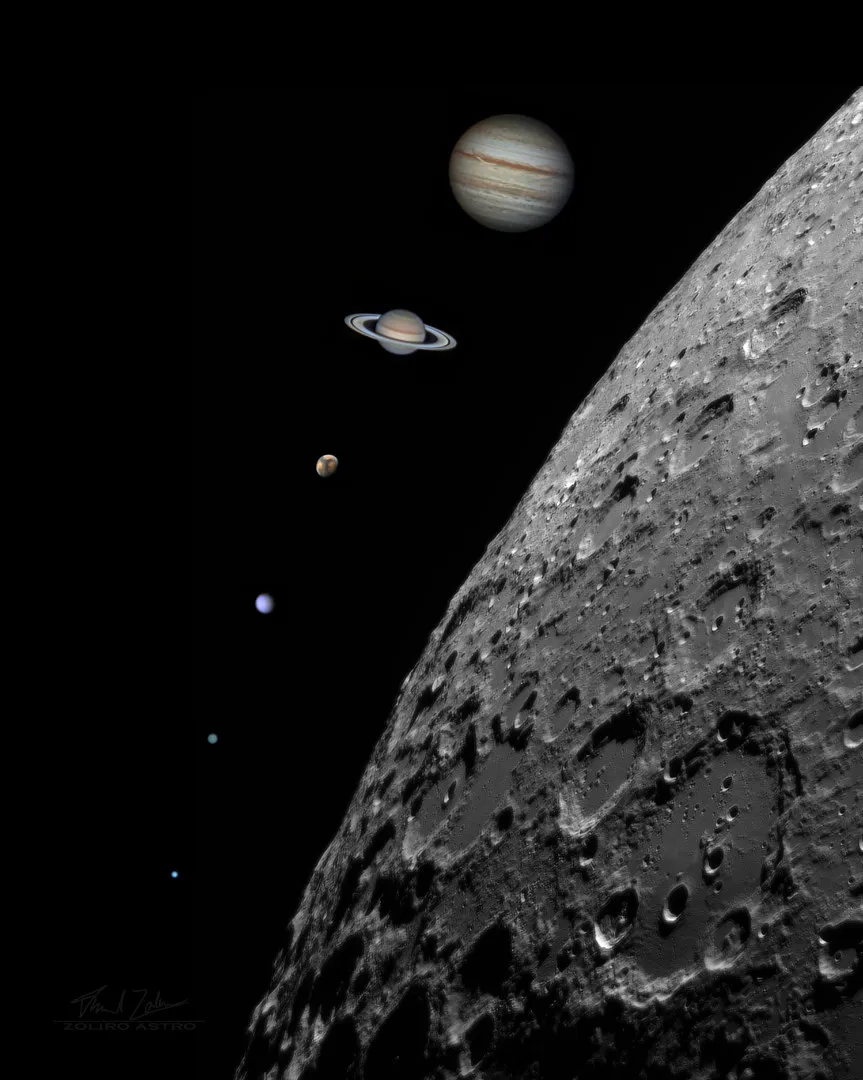 Six planets (plus the Moon) in one night Daniel Zoliro, Oklahoma, USA, 19 August 2022 Equipment: ZWO ASI174MM camera, Celestron C9.25 Schmidt-Cassegrain reflector, Sky-Watcher EQ6-R Pro mount