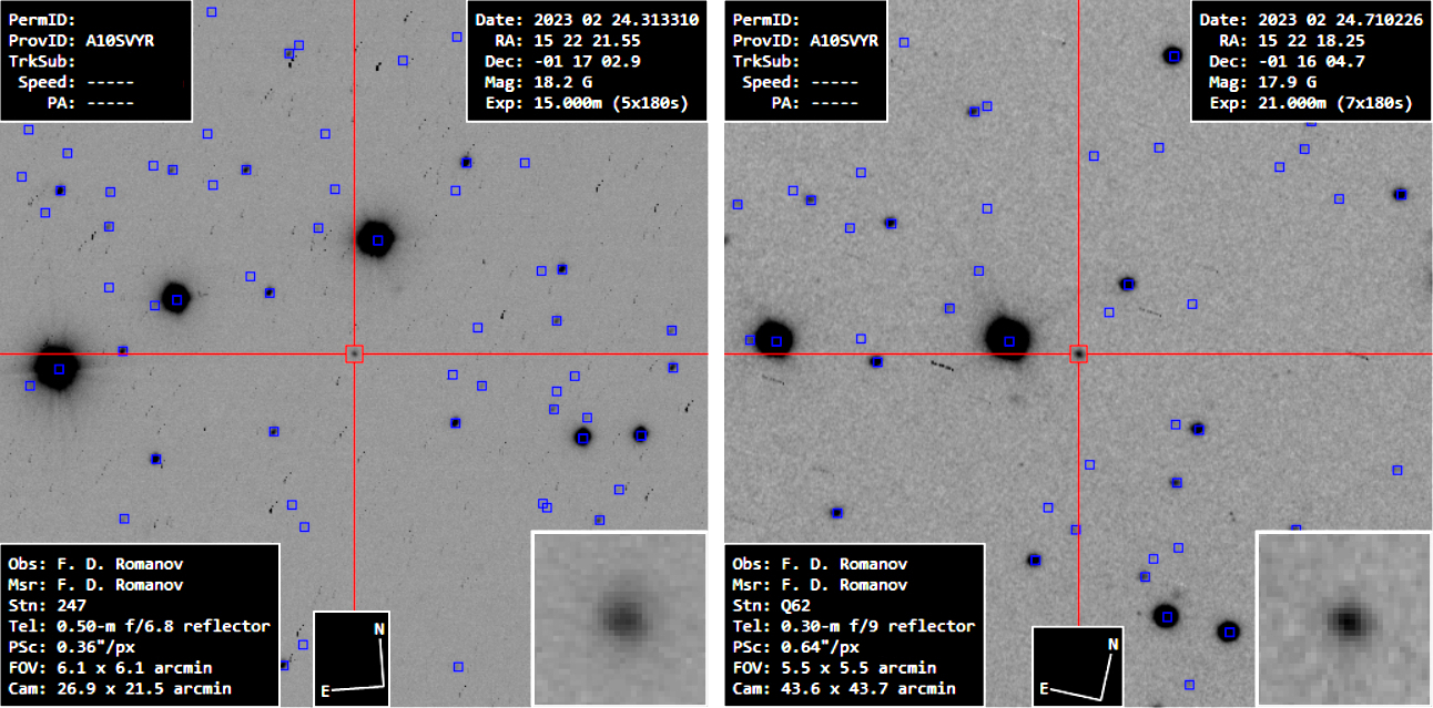 Imágenes del cometa C/2023 A3 (Tsuchinshan-ATLAS) capturadas el 24 de febrero de 2023 por Фиlipп Романов (Filipp Romanov) utilizando el telescopio remoto iTelescope.net.