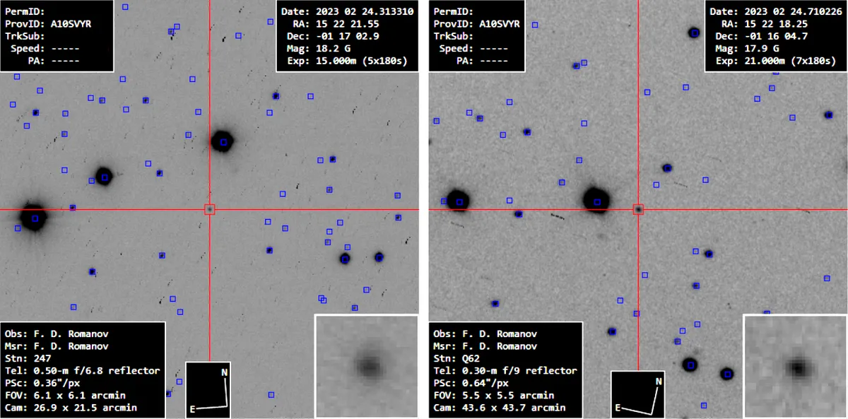 Images of Comet C/2023 A3 (Tsuchinshan–ATLAS) captured on 24 February 2023 by Филипп Романов (Filipp Romanov) using the iTelescope.net remote telescope.