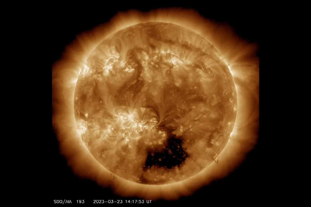 A large coronal hole on the Sun, captured by the Solar Dynamics Observatory on 23 March 2023. Credit: NASA/SDO