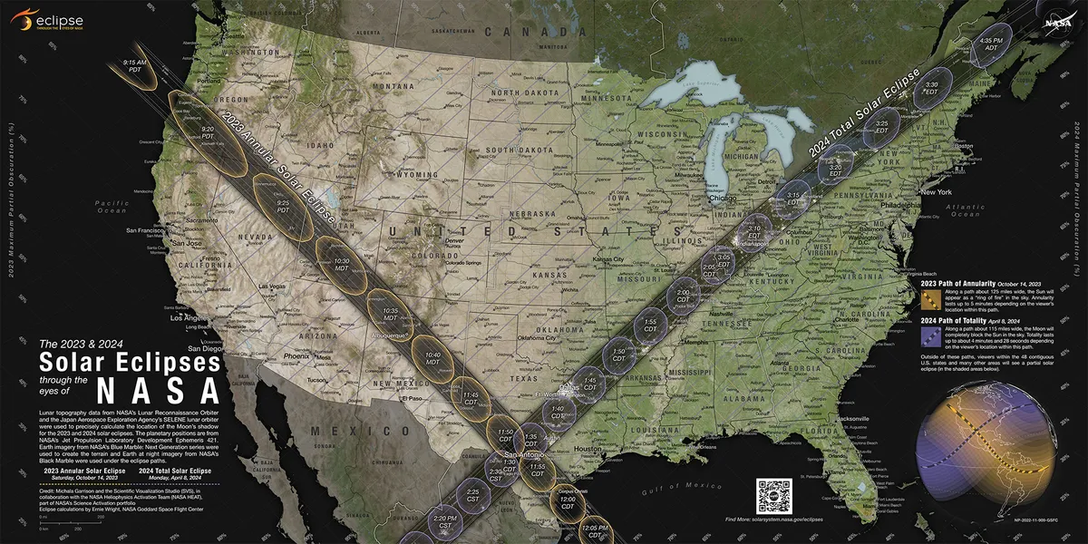 This wonderful eclipse map from NASA shows locations for the October 14 2023 annular eclipse and the April 8 2024 total solar eclipse. Credit: NASA/Scientific Visualization Studio/Michala Garrison; eclipse calculations by Ernie Wright, NASA Goddard Space Flight Center
