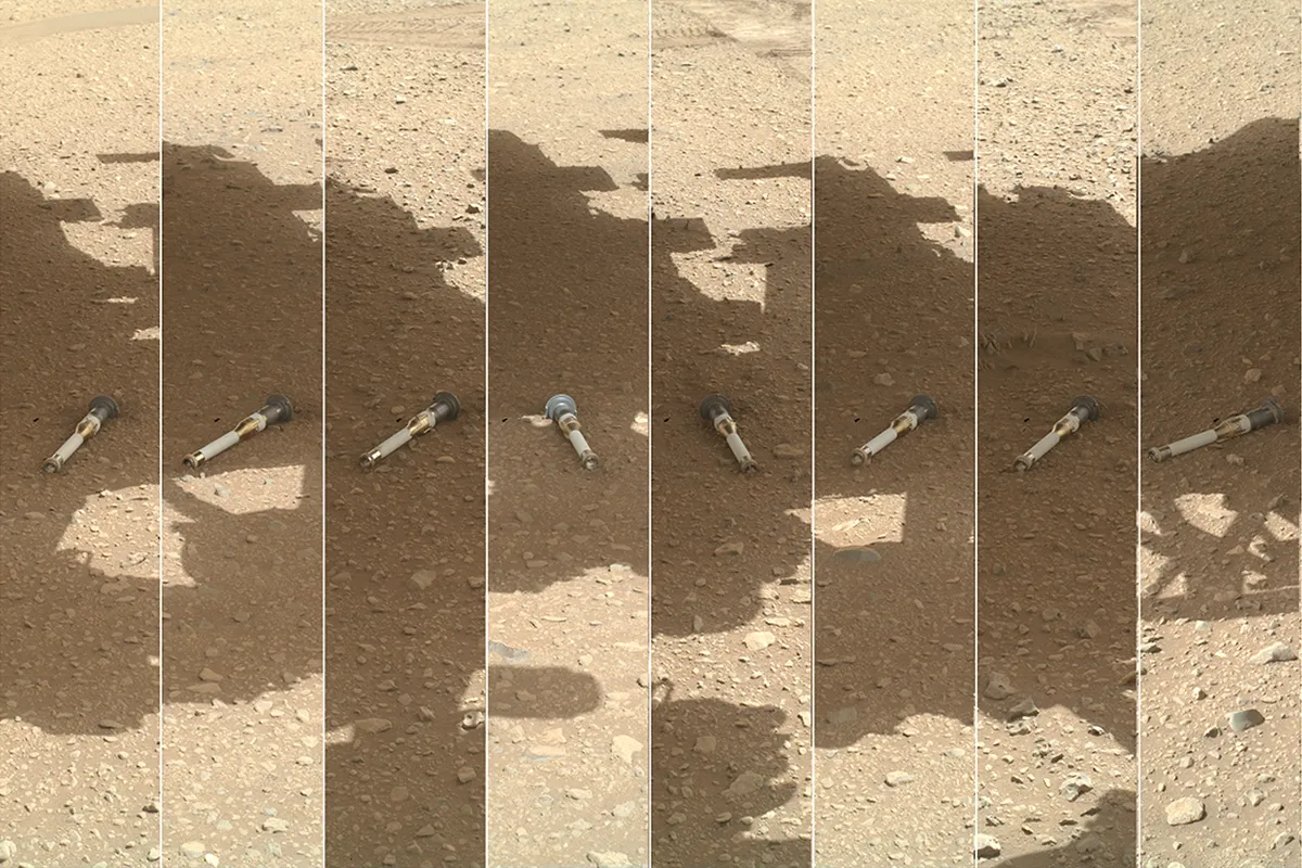 Composite image showing some of the sample tubes deposited by the Perseverance rover at 'Three Forks,” a location within Mars’s Jezero Crater. Credit: NASA JPL-Caltech